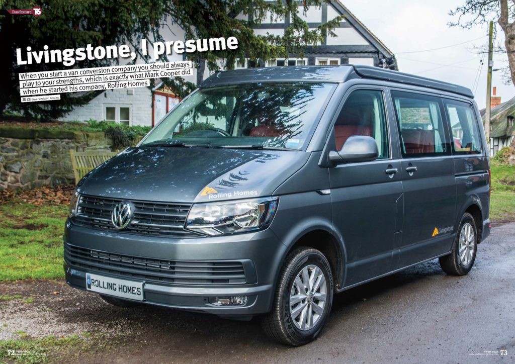 Photograph of VW Livingstone converted campervan by Rolling Homes shown in VW Bus Magazine